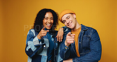 Buy stock photo Pointing to you, students and portrait of people in studio for college application, enrollment and scholarship. Happy, yellow background and friends for university, school and education opportunity