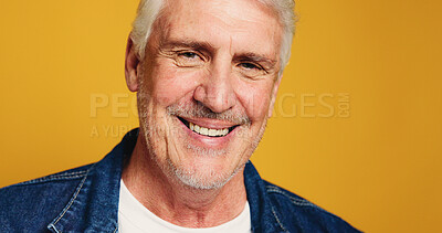 Buy stock photo Portrait, smile and teeth of mature man on studio background for results of dental hygiene. Face, oral care and satisfaction with happy person isolated on mockup space for dentistry industry