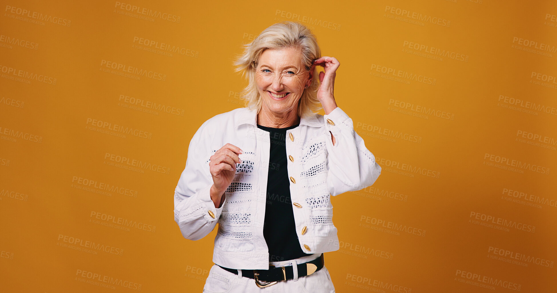 Buy stock photo Smile, startup and portrait of mature woman in studio for fashion designer, entrepreneur or pride. Stylist, about us and trendy with person on orange background for creative director on mockup space