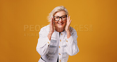 Buy stock photo Glasses, studio background and portrait of mature woman for prescription lens, vision and spectacles. Frames, mockup space and happy person with confidence for optometry, fashion eyewear and sight