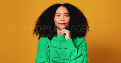 Buy stock photo Clothes, idea and portrait of woman fashion designer on studio background to model trendy outfit. Aesthetic, mockup and small business with thoughtful design employee isolated on space for style