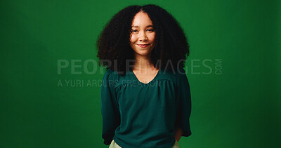 Buy stock photo Happy, portrait and style with fashion designer woman on studio space for launch of clothing brand. Clothes, smile and trendy outfit with African design employee isolated on green background mockup