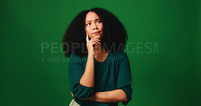 Buy stock photo Thinking, ideas and businesswoman in studio with doubt, question or solution for planning career. Decision, option and professional female person with memory, nostalgia or choice on green background.