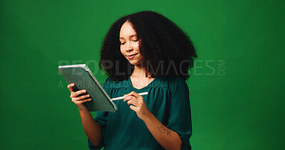 Buy stock photo Clothes, tablet and woman fashion designer on mockup space for market research of trendy style. Aesthetic, pen and small business with design employee isolated on studio background for planning