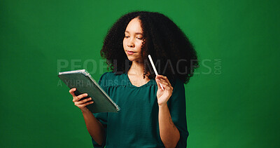 Buy stock photo Business, thinking and woman in studio, tablet and creative solution on green background. Copywriting, space and person with tech, ideas and inspiration for article, decision and email with review
