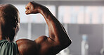 Fitness, flex and arm of man in gym for bodybuilding training, exercise and strength workout. Sports, space and back of person with muscles, biceps and strong arms for wellness, health and challenge
