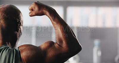 Buy stock photo Fitness, flex and arm of man in gym for bodybuilding training, exercise and strength workout. Sports, space and back of person with muscles, biceps and strong arms for wellness, health and challenge