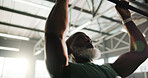 Fitness, man and pull up workout at gym for shoulder strength, muscle mass and biceps routine. Bodybuilder, mature black person and power training on exercise bar for core development or bodybuilding