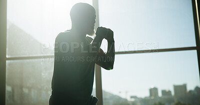 Buy stock photo Training, fitness and man in gym, fight and skills with wellness, cardio and workout. Lens flare, person and fighter in health center, practice and exercise with confidence, sports and challenge