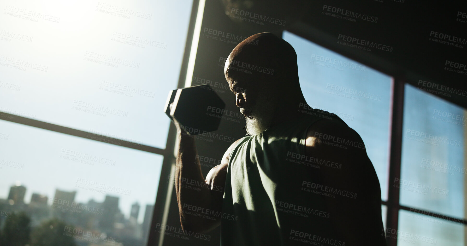 Buy stock photo Fitness, black man or weightlifting with dumbbell at gym for bodybuilding, biceps growth or routine. Bodybuilder, mature person or strength training at sports club for muscle development or endurance