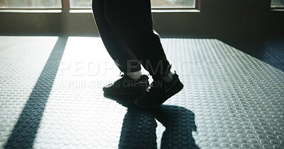 Buy stock photo Legs, athlete and fitness with person at gym for preparation, start exercise and sports training. Feet, warm up and shoes with space for workout, mobility challenge and cardio practice for wellness