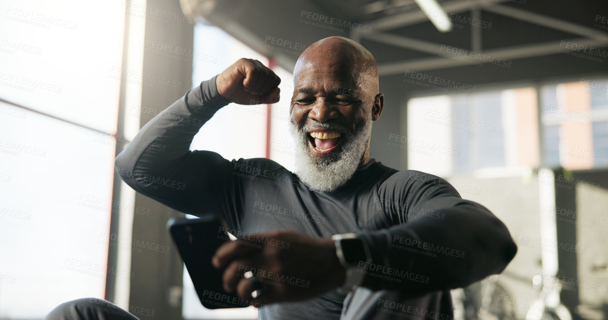Buy stock photo Excited, online and man with smartphone, gym and celebration for win, break and digital competition. Bet, winner and black person with smile for achievement, fitness and notification on mobile