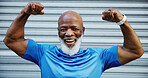 Fitness, flex and portrait of man in city for bodybuilding training, exercise and cardio workout. Sports, runner and mature person with muscles, biceps and strong arms for wellness challenge outdoor