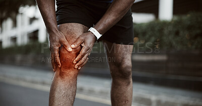 Buy stock photo Runner, fitness and man with knee pain in city for exercise, workout and training outdoor. Sports, accident and hands of person with joint sprain, inflammation and injury with tendinitis in red glow