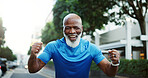 Fist pump, fitness and portrait of black man outdoor in neighborhood for cardio training or running. Exercise, smile and success with mature African runner on sidewalk for challenge or workout