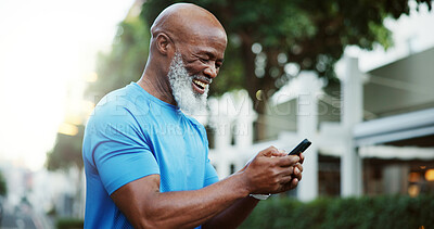 Buy stock photo Black man, typing and athlete with smartphone, outdoor and tracking fitness progress on web and app. Research, tips and online for workout program, tech or mature person with mobile for training plan