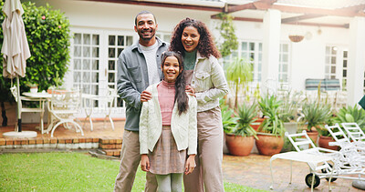 Buy stock photo House, garden and portrait of parents with child for property, new home and real estate purchase. Backyard, family and happy mom, dad and girl on weekend for bonding, relationship and security