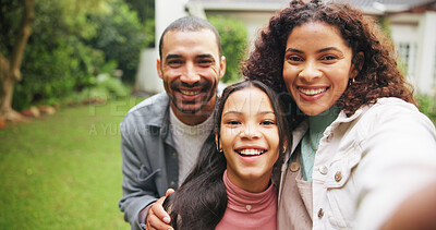 Buy stock photo Happy, backyard and selfie of parents with child for social media post at property, new home and house. Portrait, family and picture of mom, dad and girl outdoor for bonding, relationship and memory