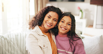 Buy stock photo Happy, sofa and portrait of mom with child in home for relationship, love and bonding on weekend. Family, parent and mother hug daughter for affection, support and embrace for care in living room