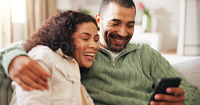 Buy stock photo Home, laugh and couple with phone on sofa for social media, online message and connection. Relax, weekend and man with woman on smartphone for reading news, notification and bonding in living room