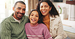Happy, sofa and portrait of parents with girl in home for relationship, love and bonding on weekend. Mom, dad and daughter on couch with affection, family support and laughing for care in living room