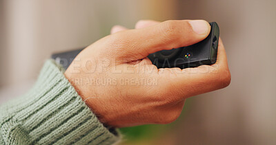 Buy stock photo Home, hand and woman with remote control, click and watching tv with entertainment. Closeup, apartment and person with series, press and streaming service for movies, channel surfing and subscription