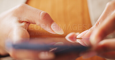 Buy stock photo Online, typing and hands of woman with phone for social media, text message and connection. Closeup, scroll and person on smartphone for notification, digital news and mobile app for networking