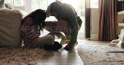 Buy stock photo Sad, child and father with comfort in home for mental health support, mourning and grieving loss. Single parent, man and console girl with depression for sorrow, compassion and understanding of pain