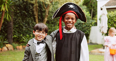 Buy stock photo Halloween, hug and portrait of boys outdoor together for celebration, fantasy or holiday. Bonding, costume and smile of children friends embracing in neighborhood for trick or treat tradition
