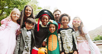 Buy stock photo Halloween, outdoor and portrait with parents, kids and celebration with happiness, tradition and smile. Group, friends and children in backyard, costume party and fun with fantasy, trick and treat 
