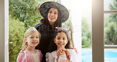 Buy stock photo Halloween, portrait and mother with girls, smile and bonding together with support, party and love. Family home, mama and daughters with costume, happiness and children with tradition and celebration
