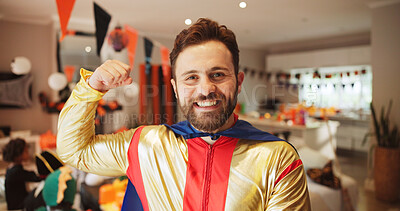 Buy stock photo Flex, happy and portrait of man with costume in home for halloween party, celebration or event. Smile, superhero and male person with bicep for tradition, fantasy or holiday with decorations in house
