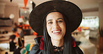 Halloween, woman and happy with portrait in home for dress up, holiday tradition and celebration. Festival, person and vampire costume in apartment for spooky season, scary character and party event