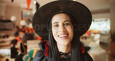 Buy stock photo Halloween, woman and happy with portrait in home for dress up, holiday tradition and celebration. Festival, person and vampire costume in apartment for spooky season, scary character and party event