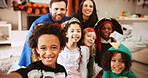 Portrait, parents and selfie with children, halloween or happy for spooky season in home and memory. Bonding, boy and profile picture for holiday, kids and people in lounge for celebration or hangout