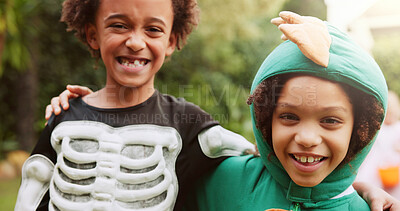 Buy stock photo Hug, halloween and portrait of boy children outdoor together for celebration, fantasy or holiday. Bonding, costume and smile with best friends embracing in neighborhood for trick or treat tradition