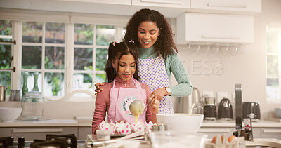 Buy stock photo Baking, home and mother with girl, help and bonding together with hobby, learning and utensils. Kitchen, happy family and mama with daughter, parent and teaching with skills, recipe and ingredients