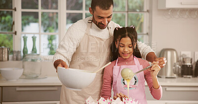 Buy stock photo Baking, cupcakes or learning with father and daughter in kitchen of home together for pastry recipe. Cooking, ingredients and ladle with single parent man teaching girl child how to bake in apartment