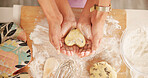 Baking, hands and heart with people in kitchen together for development, learning or recipe from above. Dough, flour or ingredients with parent teaching child how to bake in apartment for cooking