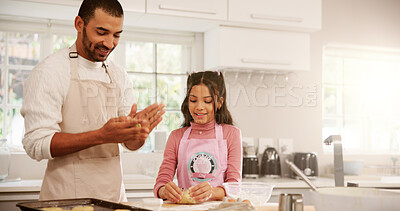 Buy stock photo Baking, bonding or learning with father and daughter in kitchen of home together for pastry recipe. Cooking, dough and ingredients with single parent man teaching girl child how to bake in apartment