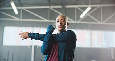 Buy stock photo Woman, fitness and stretching with arm for workout preparation, exercise or flexibility in gym. Active, female person or getting ready with warm up for breathing or physical activity in health club