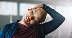 Woman, fitness and stretching with neck in gym for workout preparation, exercise or flexibility. Active, female person or getting ready with warm up for training or physical activity in health club