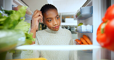 Buy stock photo Woman, thinking and choice for food at fridge for cooking, nutrition and scratch head in home. African person, confused and check shelf for healthy diet, ingredients or pov in kitchen at apartment