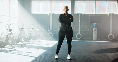 Buy stock photo Portrait, athlete and black woman with arms crossed at gym for fitness, training and personal trainer. Confident, female person and coach with workout tips, sports membership and exercise instructor