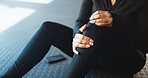 Person, hands and knee pain with injury in gym for joint inflammation or fibromyalgia. Closeup, sore leg or fitness with sprain or pressure for accident, muscle tension or strain in health club