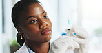 Syringe, doctor and black woman in hospital for vaccine, virus prevention and immune protection. Healthcare, clinic and person with needle, injection and medicine for treatment, disease and health