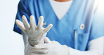 Gloves, hands and medical with nurse closeup in hospital for getting ready, procedure or safety. Healthcare, latex and preparation with medicine professional in clinic for operation or surgery