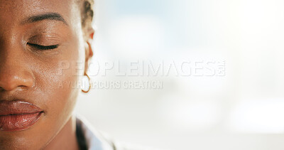 Buy stock photo Half, space and face of woman in office for thinking, reflection and insight in workplace. Corporate, professional and person with eyes closed for ideas, contemplation and thoughtful for business