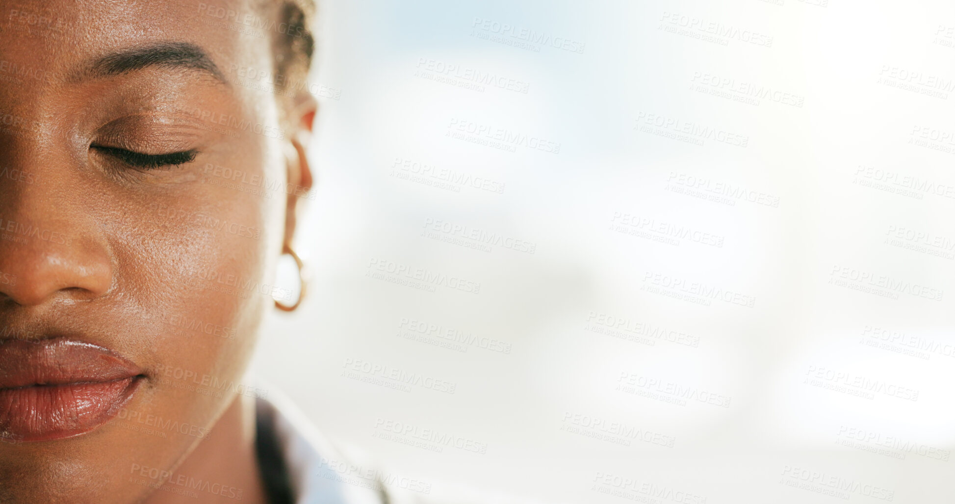 Buy stock photo Half, space and face of woman in office for thinking, reflection and insight in workplace. Corporate, professional and person with eyes closed for ideas, contemplation and thoughtful for business