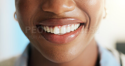 Buy stock photo Dental hygiene, mouth and woman with smile, wellness and remove plaque with teeth whitening. Closeup, fresh breath and person with oral health, confidence and gum cleaning with pride and satisfaction